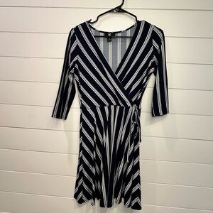Iz Byer Navy and White Striped Midi Dress